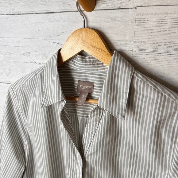 Chicos Top Womens Size 2/L Taupe & White Striped Button Down Bell Sleeves - Picture 8 of 16